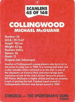 1989 Scanlens VFL #45 Michael McGuane Back